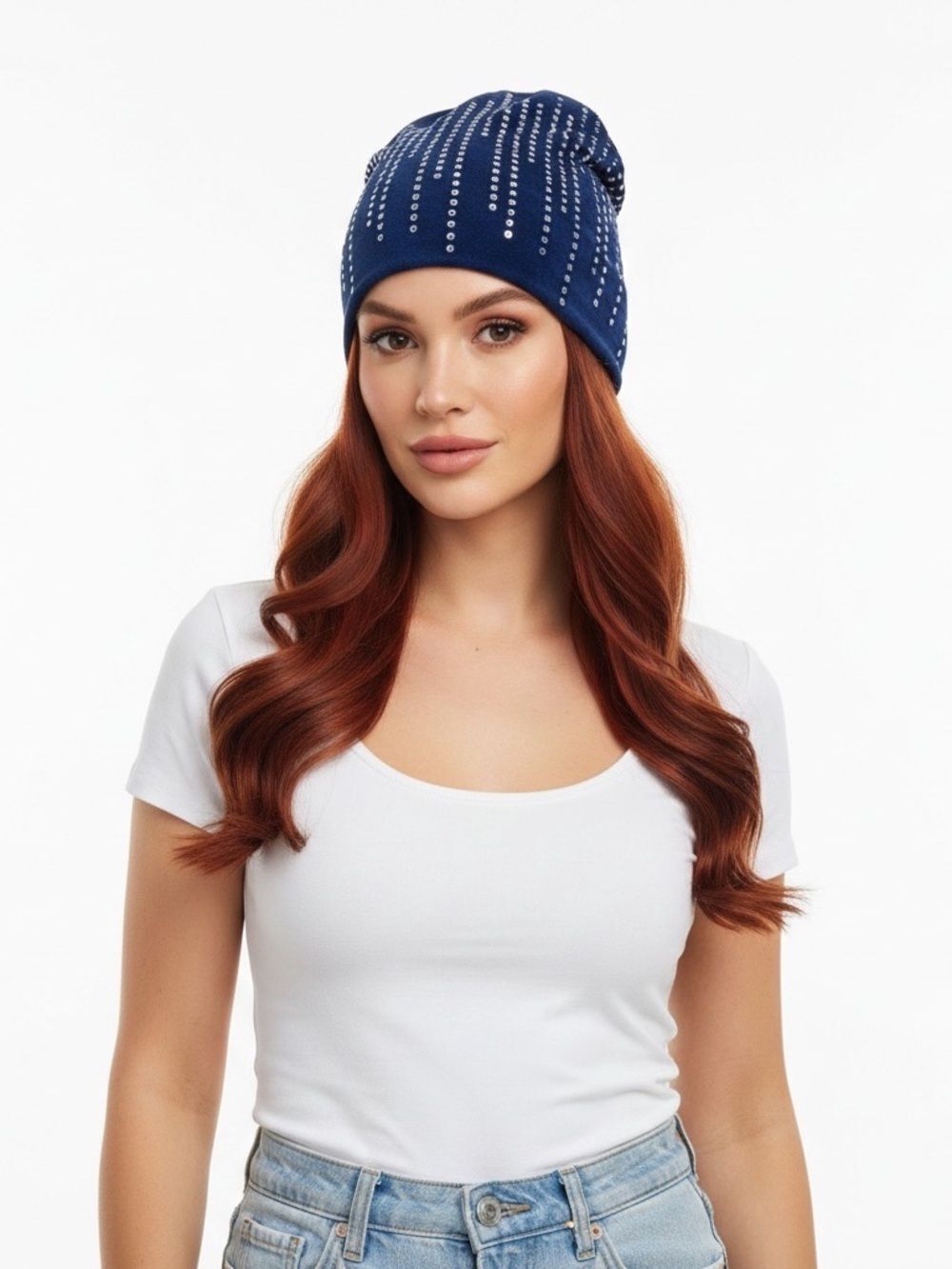 Classic Navy Rhinestone Beanie - Women Accessories